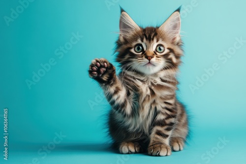 Cute Cat Greeting with Raised Paw Against Blue Background