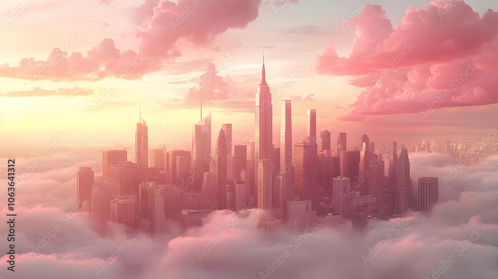 Fototapeta premium Cityscape Above Clouds with Pink Sunset Illustration