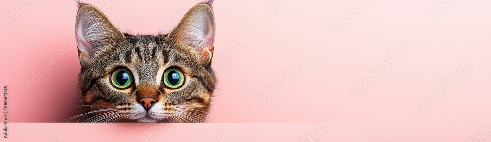 Cute Bengal Cat Peeking from Below on Pink Background Cute Bengal Cat Peeking from Below on Pink Background