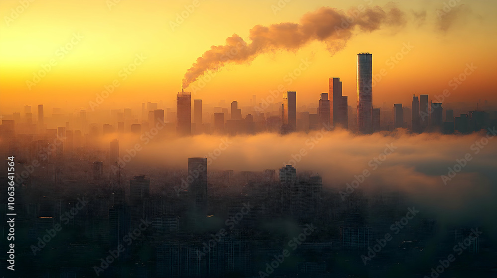 Cityscape Sunrise with Smoke and Fog Illustration Cityscape Sunrise with Smoke and Fog Illustration