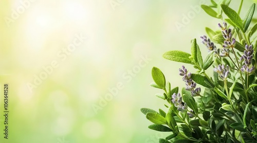 Macro of thyme flowers in bloom, tiny purple buds, soft green background, herbal botanical beauty