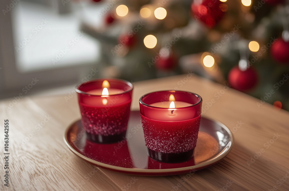 Christmas dinner table with red candles and a Christmas tree in the background, festive mood. Christmas dinner table with red candles and a Christmas tree in the background, festive mood.