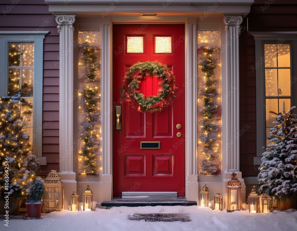 Red front door is decorated for christmas with illuminated garlands and a wreath Red front door is decorated for christmas with illuminated garlands and a wreath