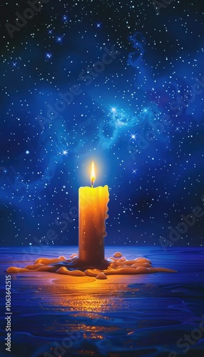 Serene Hanukkah Candle Amidst Starry Night Sky - Perfect for Greeting Cards and Posters photo