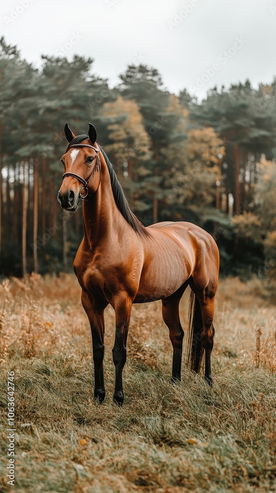 Fototapeta premium a view of a beautiful brown horse in the forest