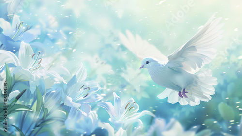 A serene white dove gracefully soars among elegant white lilies, capturing the essence of peace and renewal in a tranquil springtime setting with soft pastel hues.