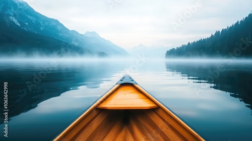 Canoe Drifting on a Foggy Lake photo