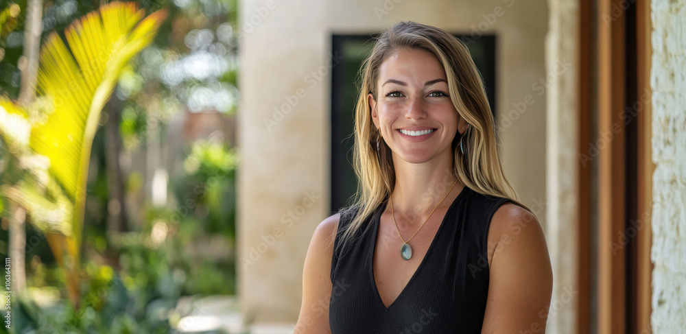 Confident Young Woman Smiling in a Tropical Outdoor Setting Confident Young Woman Smiling in a Tropical Outdoor Setting