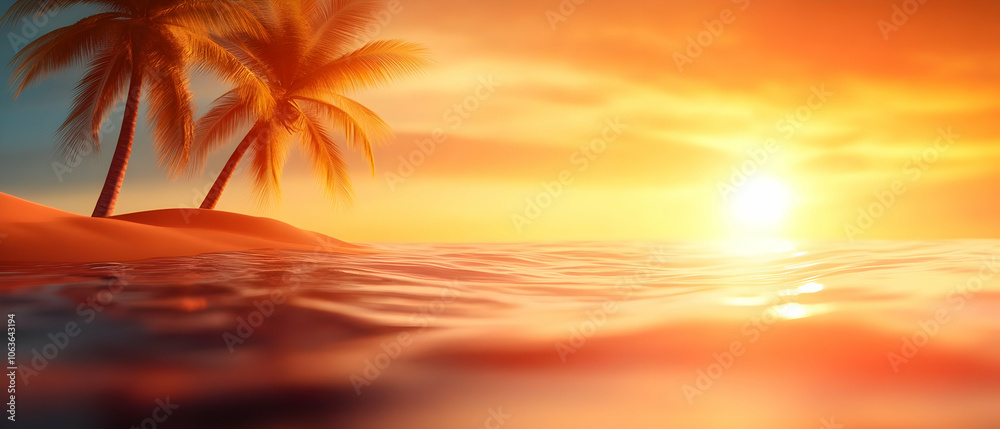 Serene sunset over tranquil ocean waters with silhouetted palm trees in the foreground. Serene sunset over tranquil ocean waters with silhouetted palm trees in the foreground.