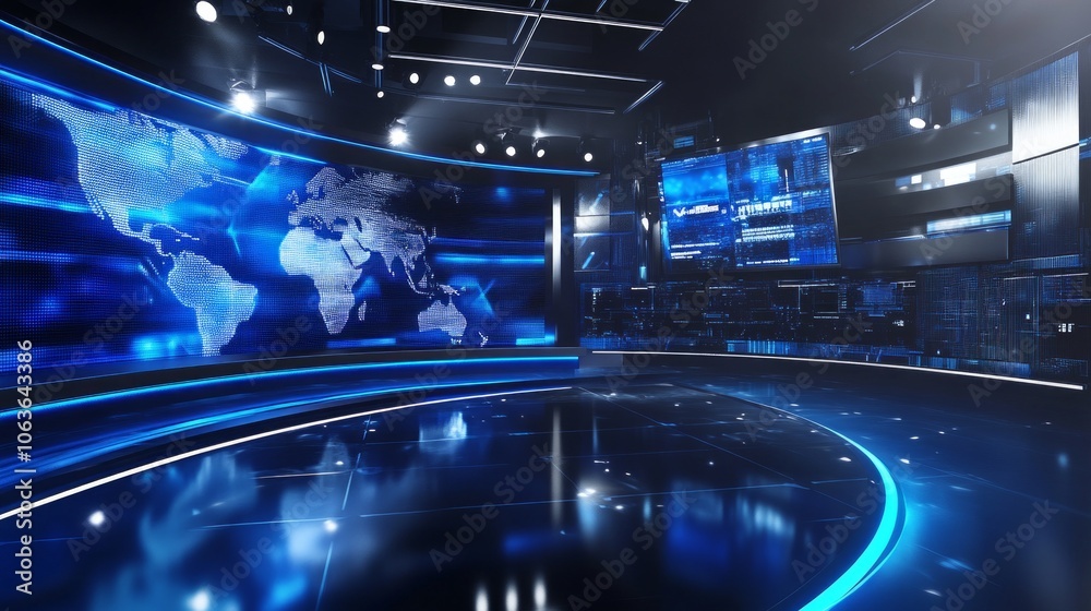Elegant news studio background with a glowing digital globe, animated data streams, and futuristic lighting effects, creating a sleek and professional atmosphere. Elegant news studio background with a glowing digital globe, animated data streams, and futuristic lighting effects, creating a sleek and professional atmosphere.