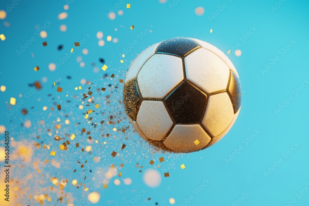 Soccer ball surrounded by gold confetti particles in motion on a blue background. Soccer ball surrounded by gold confetti particles in motion on a blue background.