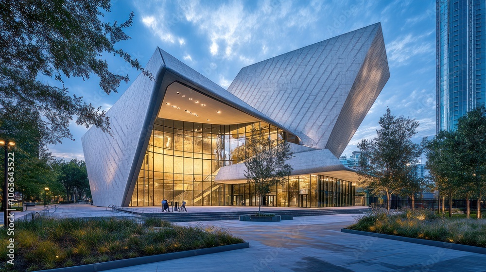 Modern architecture building with glass facade and geometric design at dusk. Modern architecture building with glass facade and geometric design at dusk.