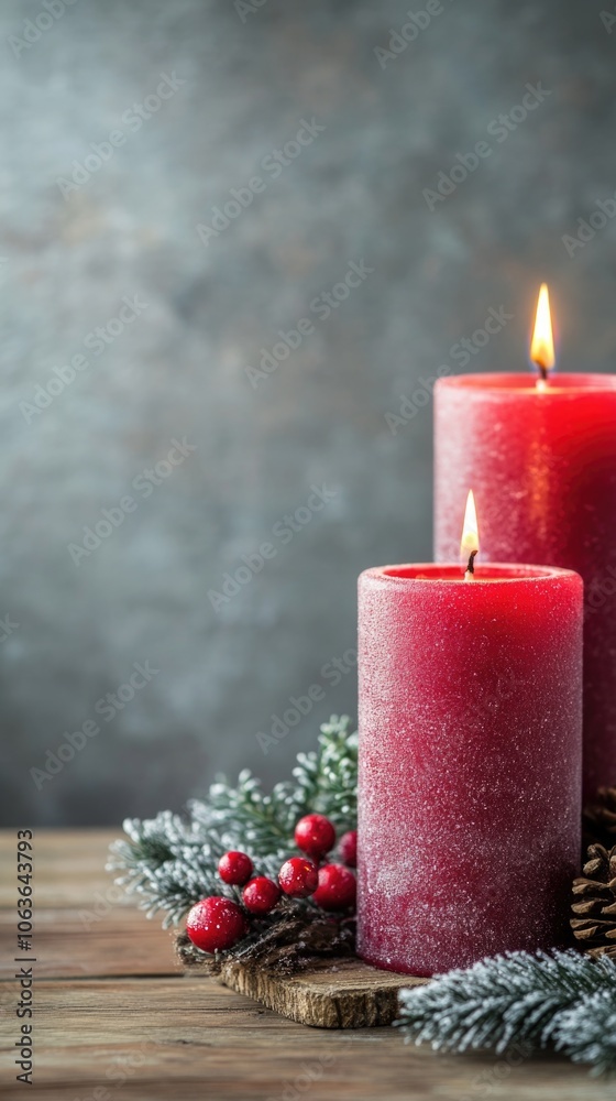 Beautiful Christmas candles stand on the table on the left with copy space for text on the right.Christmas candles against a rough blue background with a view of falling snow. New Year's Eve