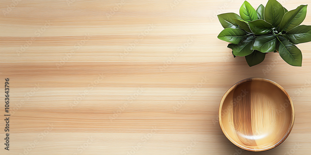 Light Wooden Table with Bowl and Green Plant – Top View