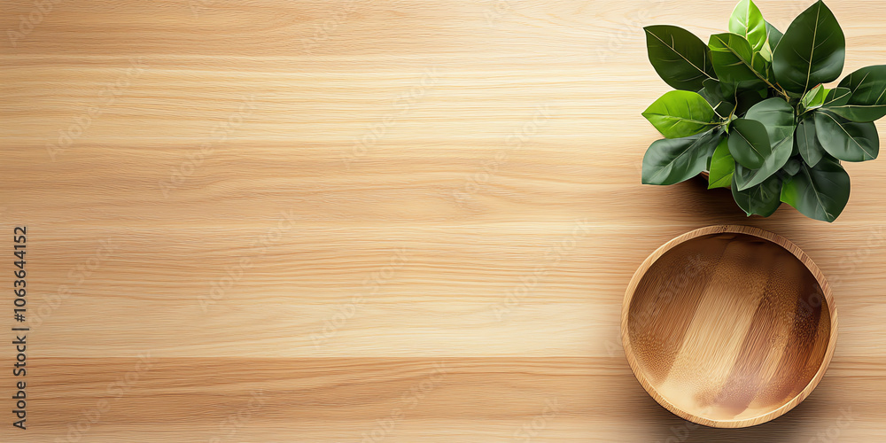 Light Wooden Table with Bowl and Green Plant – Top View Light Wooden Table with Bowl and Green Plant – Top View