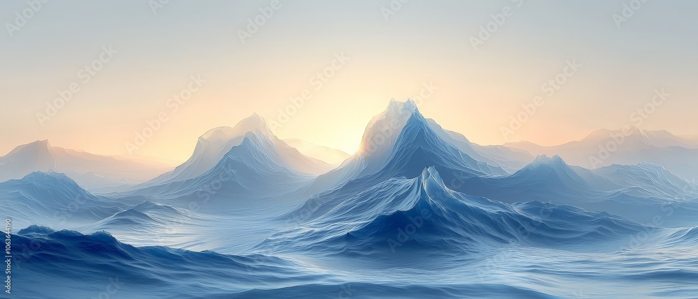 Serene blue mountains under a soft sunrise, creating a tranquil landscape atmosphere.