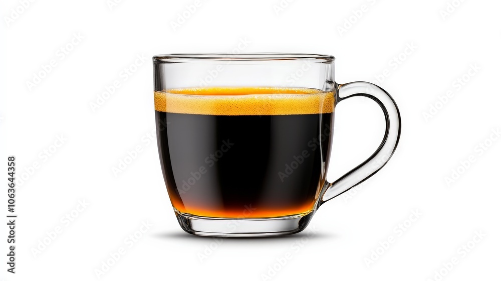Espresso Perfection: A single serving of espresso, rich and dark, presented in a clear glass mug, showcasing its beautiful crema and inviting aroma. Espresso Perfection: A single serving of espresso, rich and dark, presented in a clear glass mug, showcasing its beautiful crema and inviting aroma.