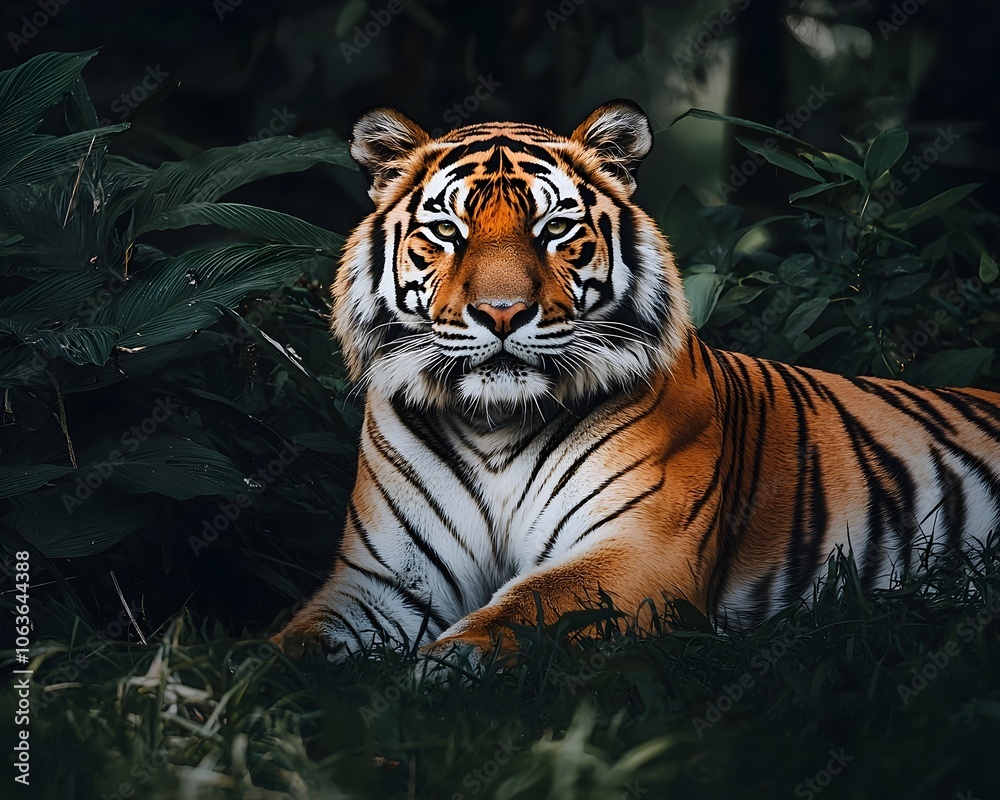 Regal Tiger Resting in the Jungle Shadows Symbolizing Power and Grace Regal Tiger Resting in the Jungle Shadows Symbolizing Power and Grace