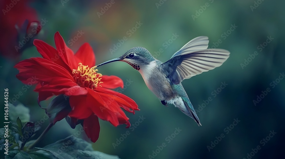 Fototapeta premium Tiny Hummingbird Hovering Over Bright Red Flower Drinking Nectar Symbol of Energy and Beauty