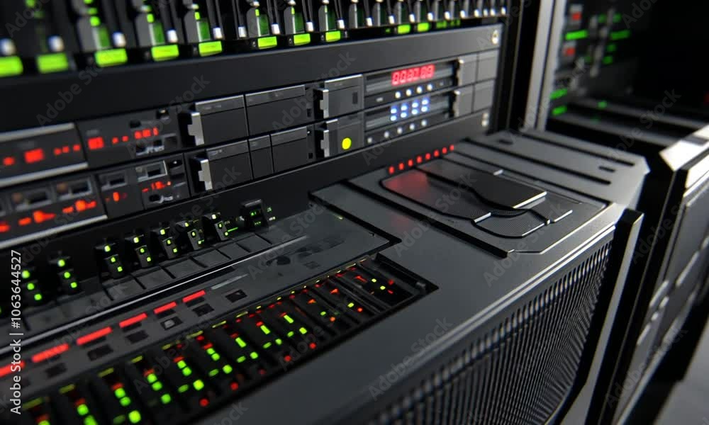 Close-up of a Server Rack with Green and Red Lights Close-up of a Server Rack with Green and Red Lights