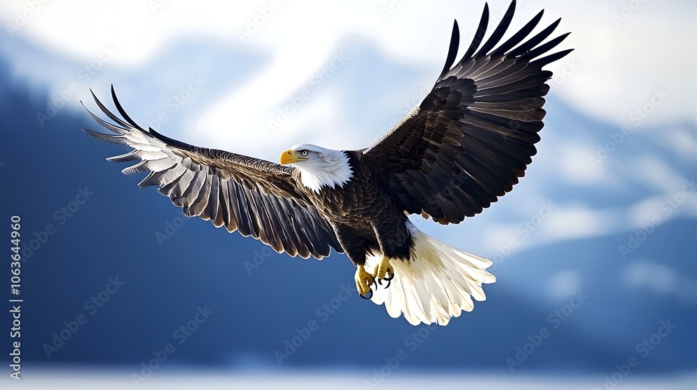 Fototapeta premium Majestic Bald Eagle Soaring High in the Sky with Outstretched Wings Symbolizing Freedom and Vision