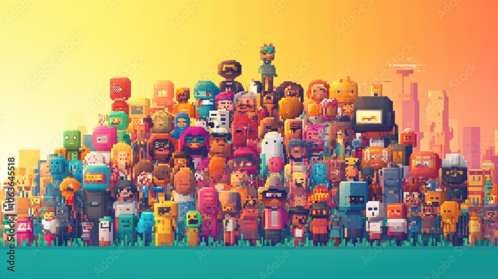 Naklejka premium A crowd of colorful pixelated characters.