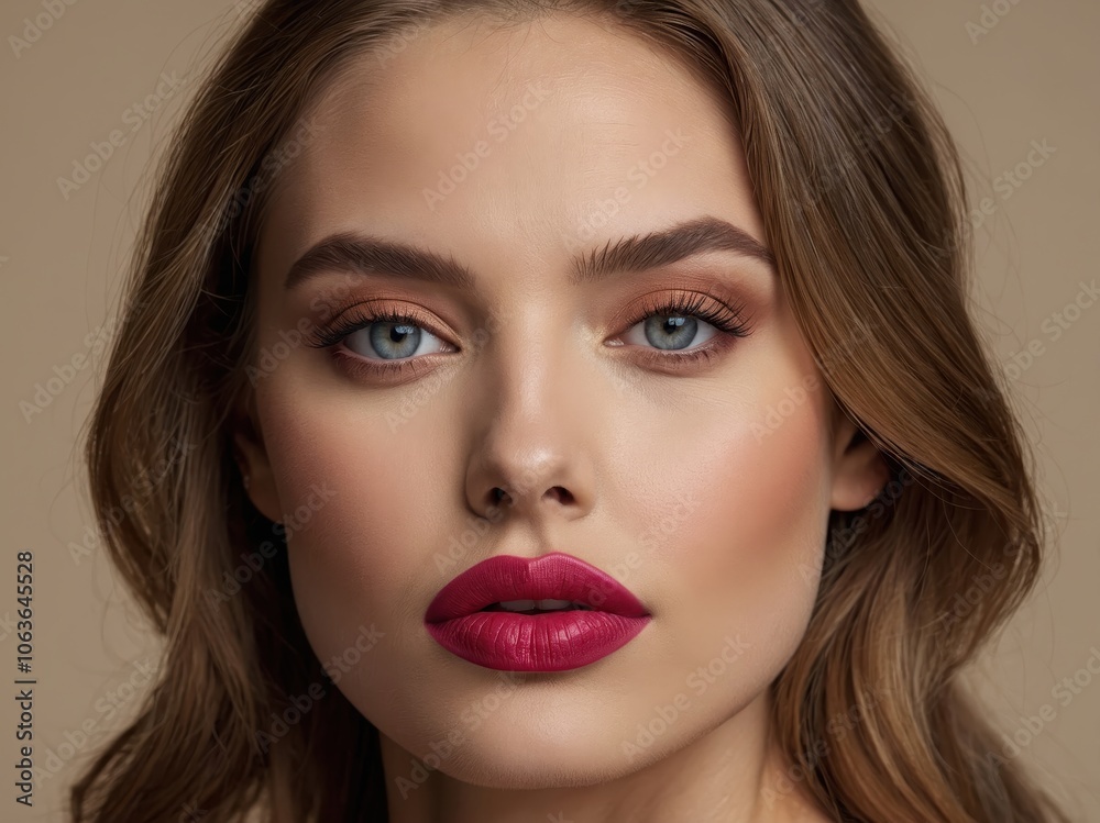 A captivating portrait of a woman highlighting her striking eyes and luscious lips, radiating beauty and confidence against a softly blurred background A captivating portrait of a woman highlighting her striking eyes and luscious lips, radiating beauty and confidence against a softly blurred background