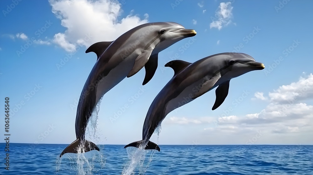 Obraz premium Breathtaking scene of a group of playful dolphins leaping joyfully out of the turquoise blue ocean waves in a stunning tropical paradise setting