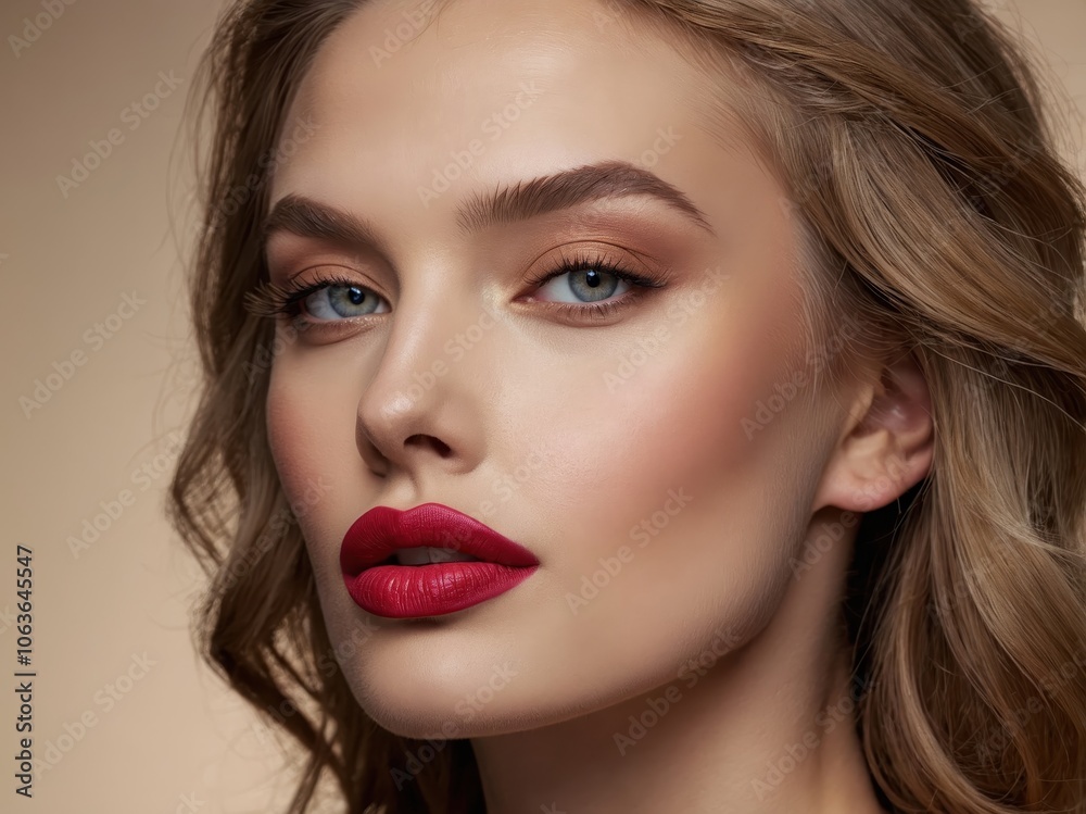 A captivating portrait of a woman highlighting her striking eyes and luscious lips, radiating beauty and confidence against a softly blurred background A captivating portrait of a woman highlighting her striking eyes and luscious lips, radiating beauty and confidence against a softly blurred background