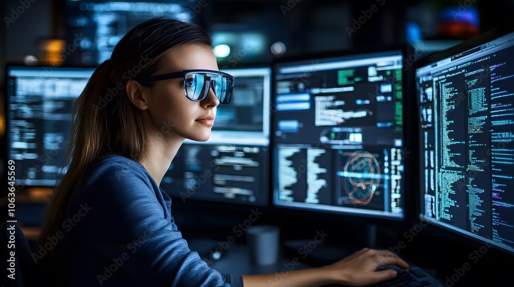 Candid photo of a woman using augmented reality glasses to view 2D data projections over a 3D workspace, integrating productivity with innovation, 4k resolution Candid photo of a woman using augmented reality glasses to view 2D data projections over a 3D workspace, integrating productivity with innovation, 4k resolution
