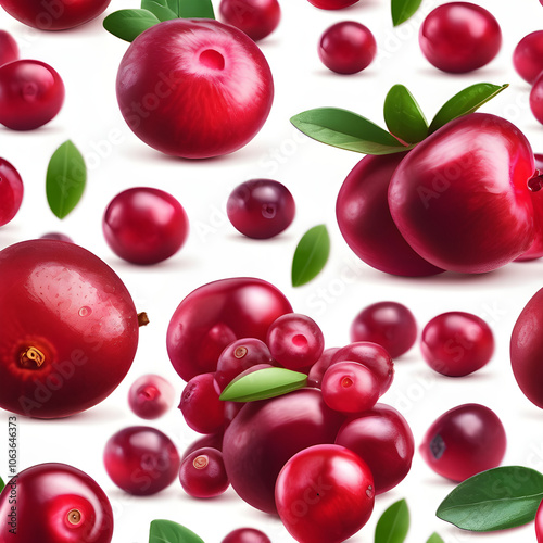 Close-up of fresh red cranberries, smooth texture, studio lighting makes them look shiny, white background.