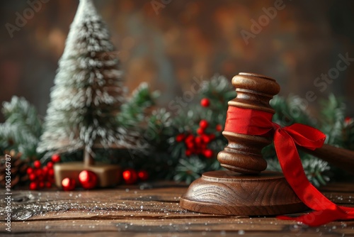 A wooden judicial gavel with a red ribbon decorated for the Christmas holidays beside a small Christmas tree on a wooden table. Christmas and New Year greetings from the law firm. With copy space photo