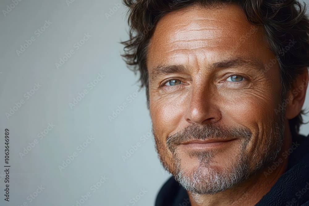 middleaged man applying facial antiage skincare cream smiling at the camera against a white background the portrait emphasizes confidence and is ideal for skincare product advertising
