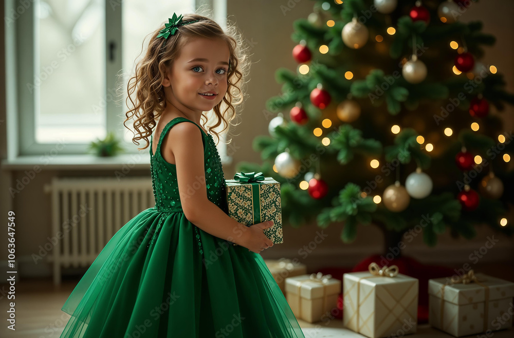 A little girl with curly blond hair in a lush green holiday dress holds a gift in her hands against the background of a Christmas tree. Child on the background of a Christmas tree with a gift. A little girl with curly blond hair in a lush green holiday dress holds a gift in her hands against the background of a Christmas tree. Child on the background of a Christmas tree with a gift.