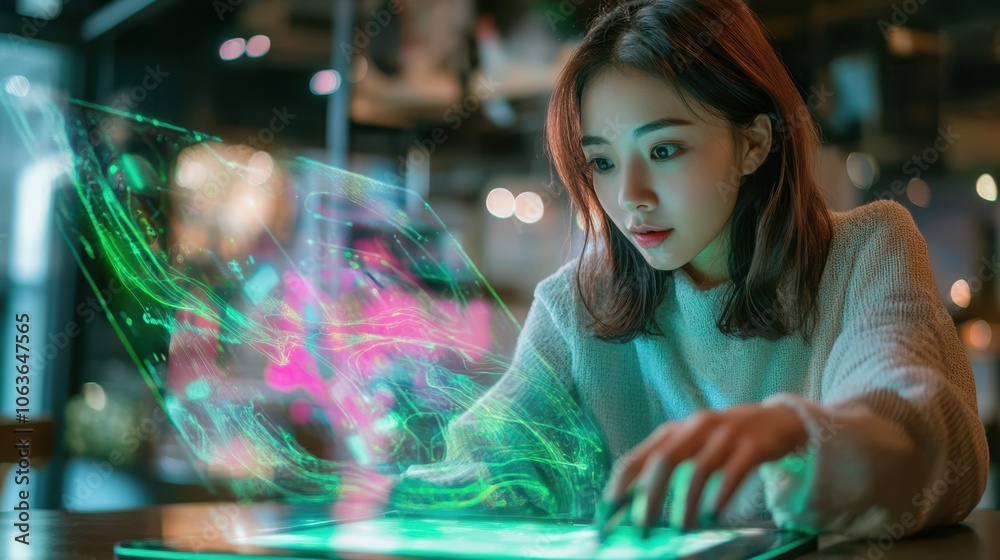 Obraz premium The Woman with Holographic Laptop