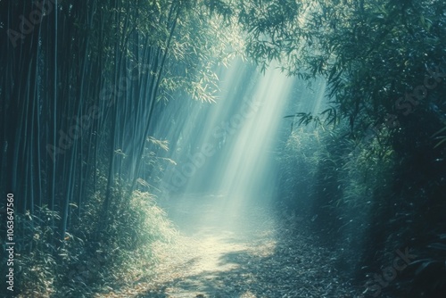 Sunbeams Through Bamboo Forest Path