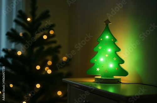 Lamp in the form of a Christmas tree. Christmas night light on the bedside table. Glass lamp.