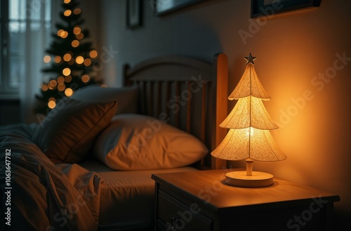 Lamp in the form of a Christmas tree. Christmas night light on the bedside table. Glass lamp.