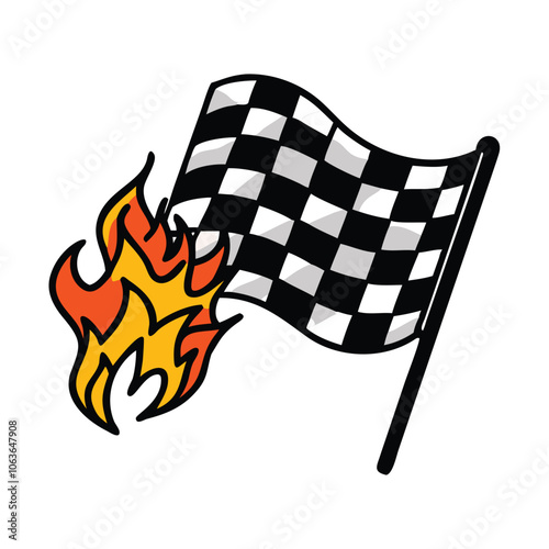 Checkered racing flag with flames icon, Illustration of a checkered racing flag with flames, symbolizing speed, competition, and excitement in racing and high-performance sports.