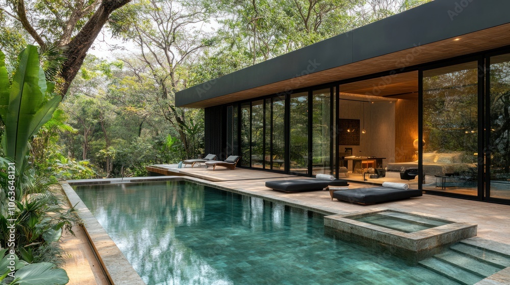 Modern house with a swimming pool in a tropical forest. Modern house with a swimming pool in a tropical forest.