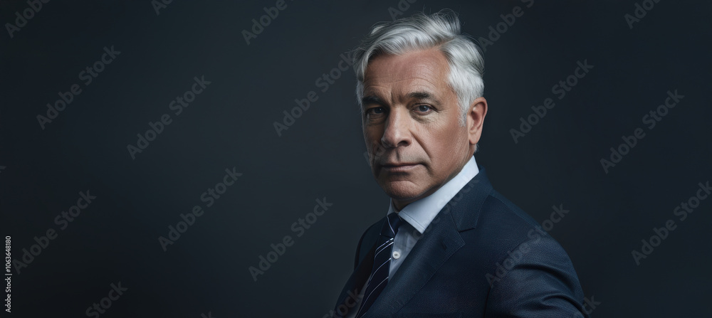 Senior Businessman in Formal Suit Posed Confidently Against Deep Navy Background Senior Businessman in Formal Suit Posed Confidently Against Deep Navy Background