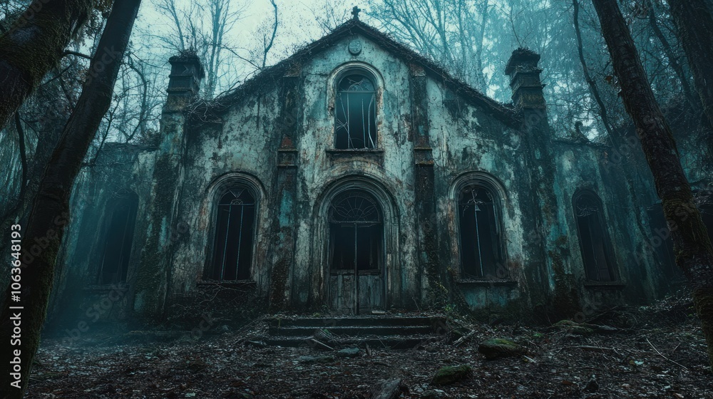 A weathered, abandoned church with broken windows and overgrown steps stands alone in a misty forest. A weathered, abandoned church with broken windows and overgrown steps stands alone in a misty forest.