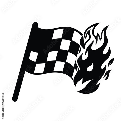 Checkered racing flag with flames icon, Illustration of a checkered racing flag with flames, symbolizing speed, competition, and excitement in racing and high-performance sports.