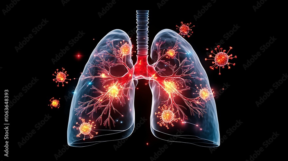 Digital illustration of human lungs infected by virus particles, highlighting respiratory disease, infection, and medical concept on a black background. Digital illustration of human lungs infected by virus particles, highlighting respiratory disease, infection, and medical concept on a black background.