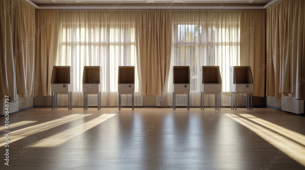 Obraz premium Minimalist Voting Booths in Sunlit Room with Natural Decor