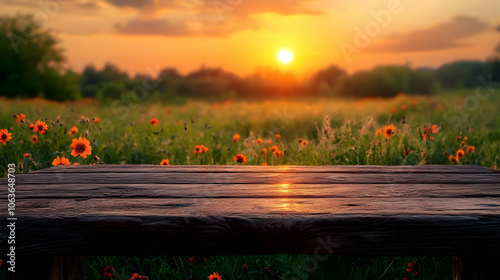 Wooden Tabletop Sunset Fiel...