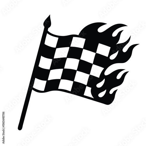 Checkered racing flag with flames icon, Illustration of a checkered racing flag with flames, symbolizing speed, competition, and excitement in racing and high-performance sports.