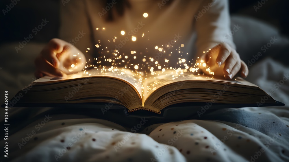 Obraz premium Candid photo of a child reading a bedtime story with 2D characters coming to life around the 3D book, creating a magical storytime, 4k resolution