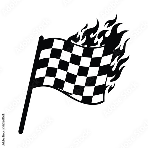 Checkered racing flag with flames icon, Illustration of a checkered racing flag with flames, symbolizing speed, competition, and excitement in racing and high-performance sports.
