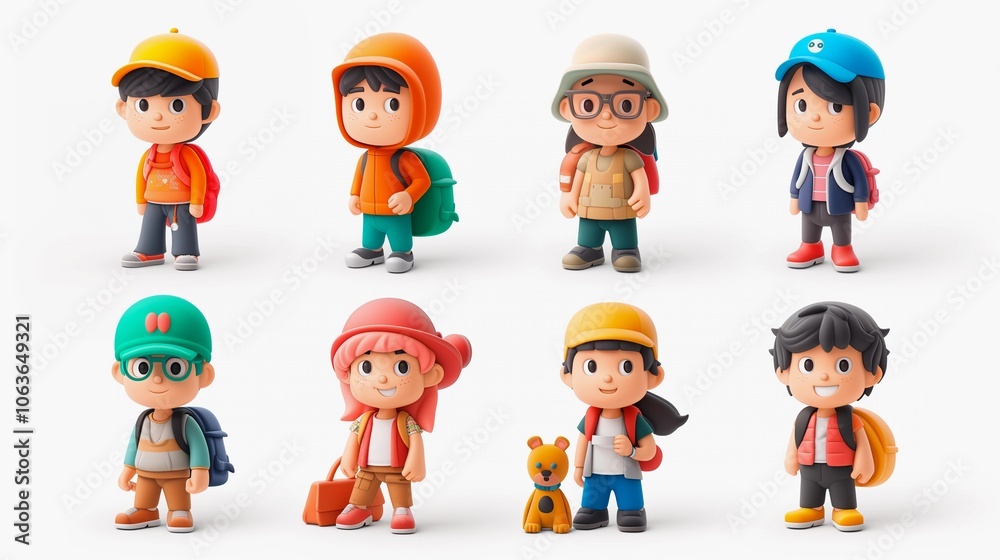 Collection of 3D travel-themed icons featuring young cartoon characters in bright, trendy clothing with backpacks, on a white background. Ideal for educational or tourism visuals Collection of 3D travel-themed icons featuring young cartoon characters in bright, trendy clothing with backpacks, on a white background. Ideal for educational or tourism visuals